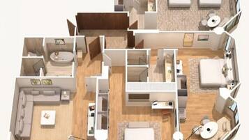 Planta baixa em 3D de um apartamento moderno com sala de estar, cozinha, dois quartos, um banheiro e varanda.