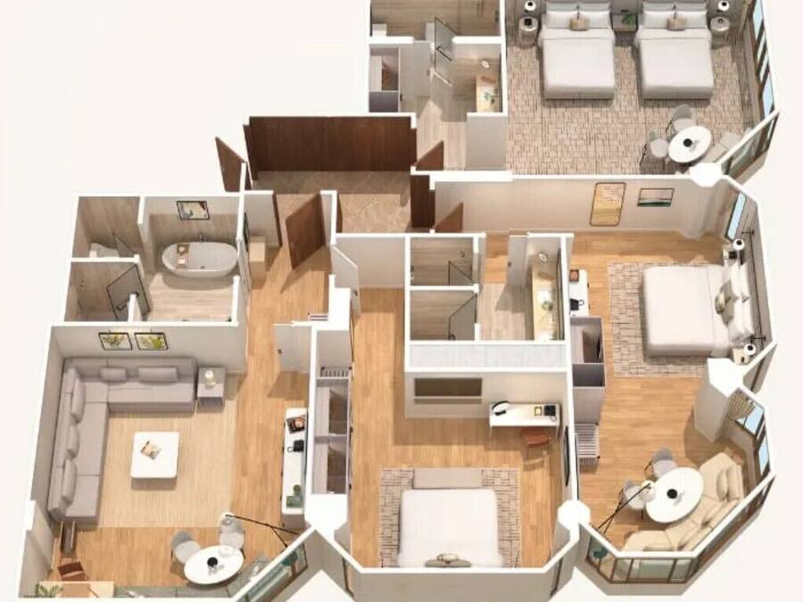 Planta baixa em 3D de um apartamento moderno com sala de estar, cozinha, dois quartos, um banheiro e varanda.