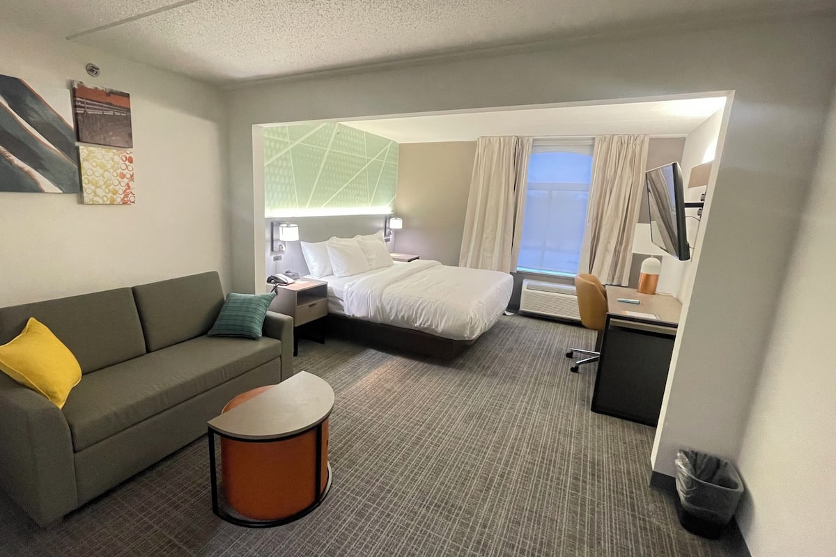A hotel room with a bed, a sofa, a desk, a lamp, and a trash bin.