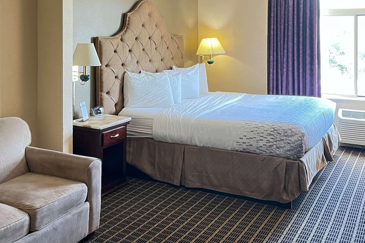 A hotel room with a large bed, a nightstand, a lamp, a chair, and a window with curtains.