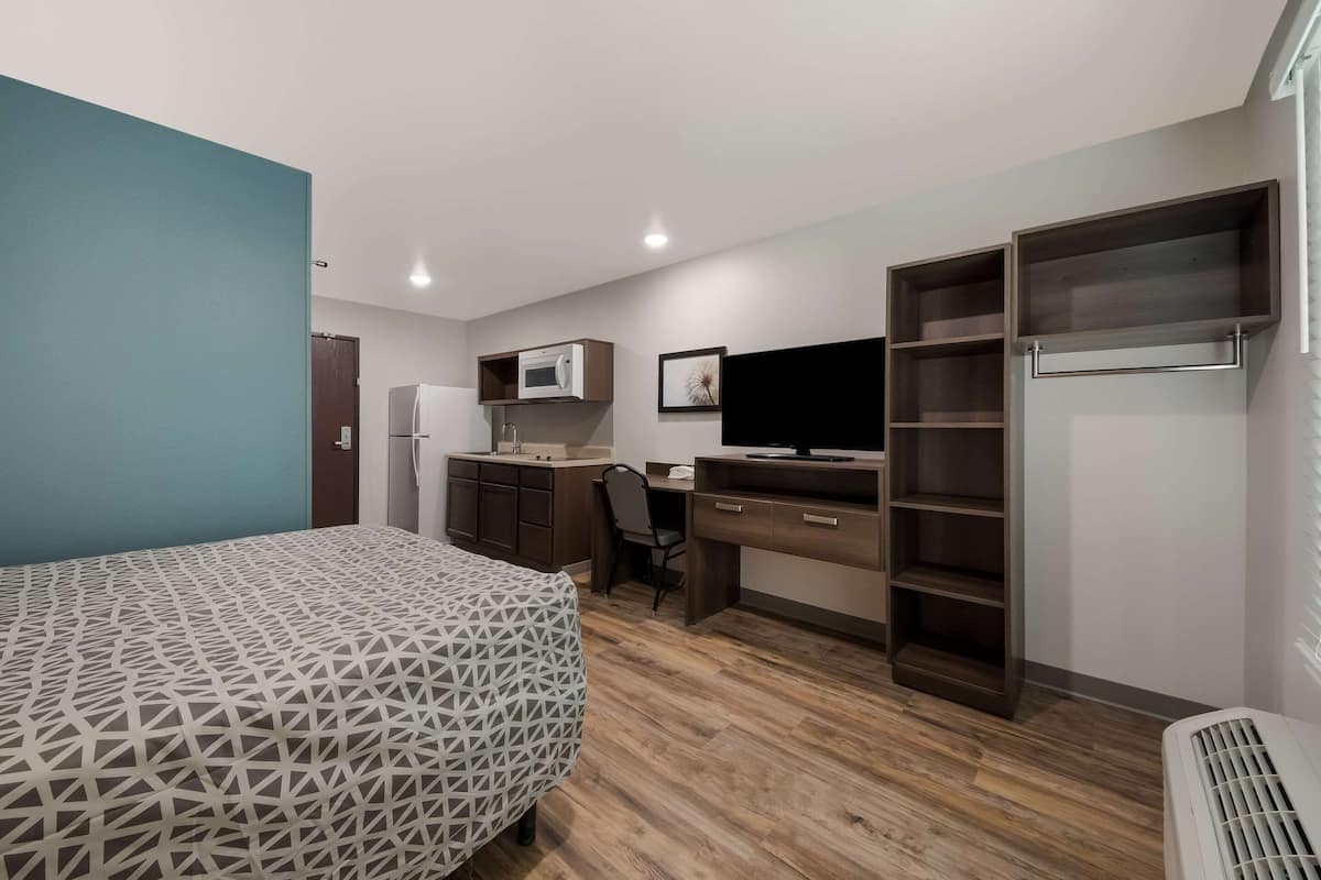 Una camera da letto moderna con un letto, una scrivania, una televisione, un armadio e un forno a microonde.