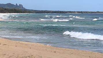 On the beach, sun loungers, beach towels