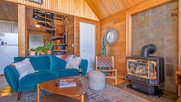 Smart TV, chimenea, libros y estéreo