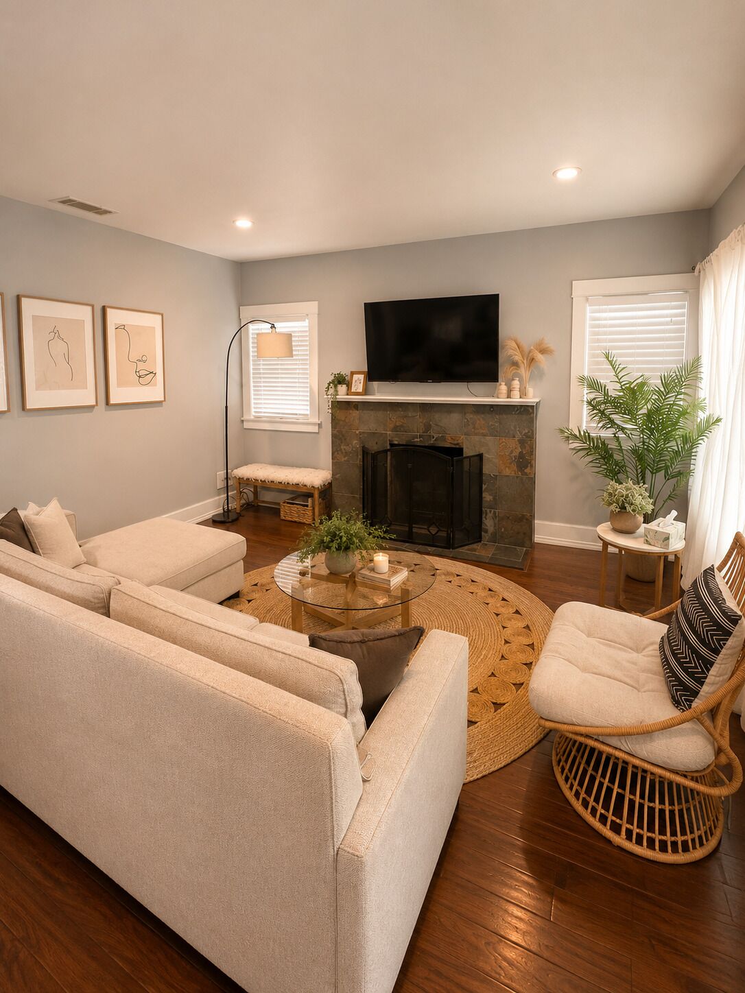 A living room with a sectional sofa, a round coffee table, a fireplace, a television, and a wicker chair.