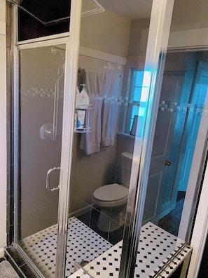Eine begehbare, glasumrandete Dusche mit gefliestem Boden, eine Toilette und ein Handtuchhalter mit Pflegeprodukten.