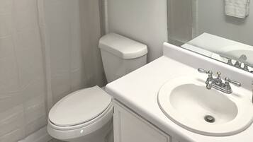 Combined shower/tub, hair dryer, towels, soap