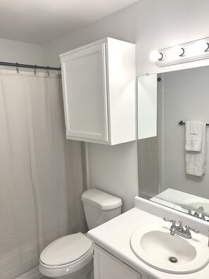 Tina con regadera, secadora de cabello, toallas, jabón