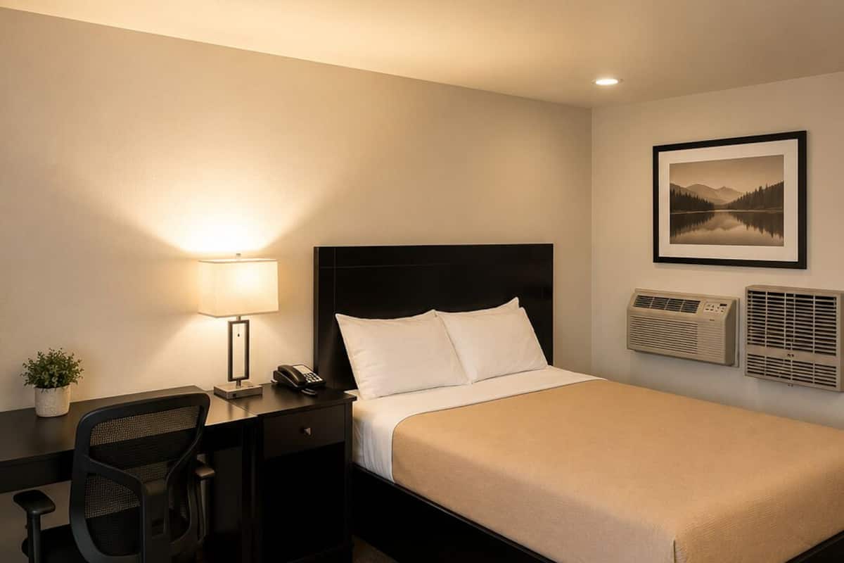 Une chambre d’hôtel comprenant un lit, un bureau, une chaise, une lampe, un téléphone, un appareil de climatisation et un tableau encadré au mur.