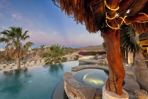 An infinity pool with a stone edge, palm trees, and a thatched roof structure.