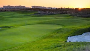A golf course with bunkers and a flagstick.