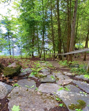 Stairs down to the lake. Railing for support