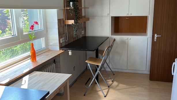 Una cucina compatta con zona pranzo, una finestra vista e un forno integrato.
