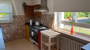 Una cucina compatta con fornelli, forno e una finestra vista verde.