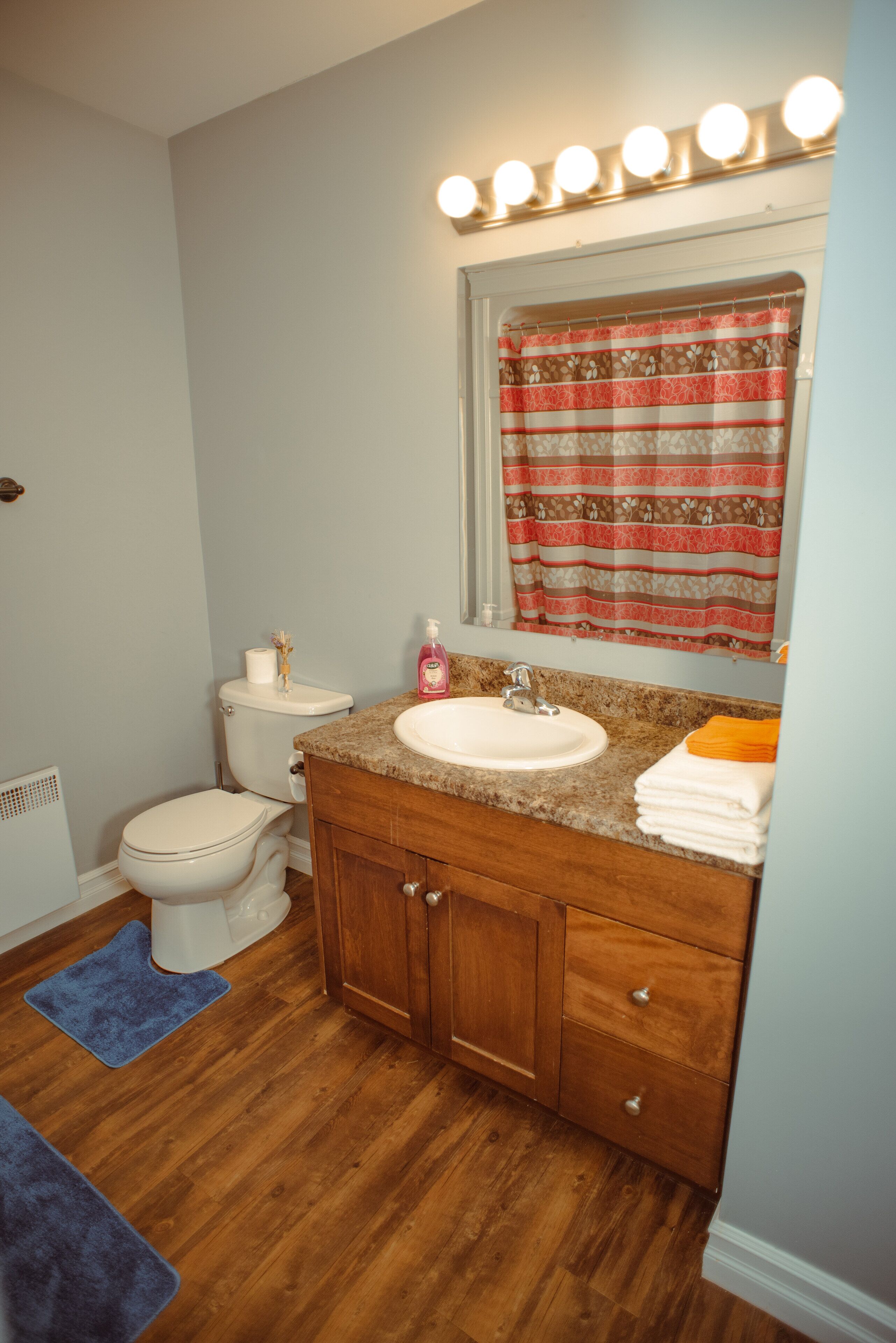 Une salle de bain avec des toilettes blanches, un lavabo avec un meuble-vasque et un rideau de douche.