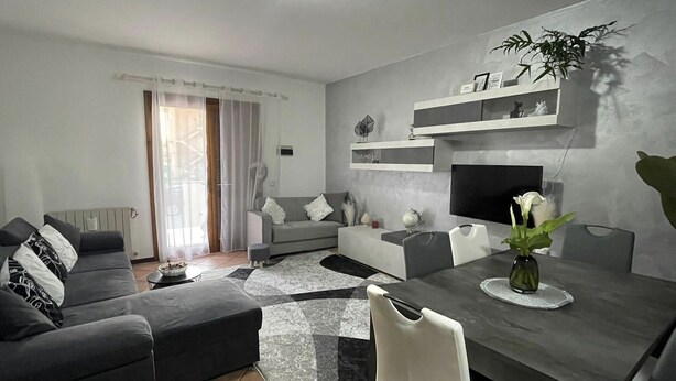 A modern living room with a grey sofa, a dining table with chairs, a TV mounted on the wall, and a potted plant.