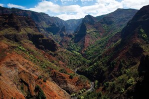 Een canyon met steile, ruige rotswanden en een rivier erdoorheen.