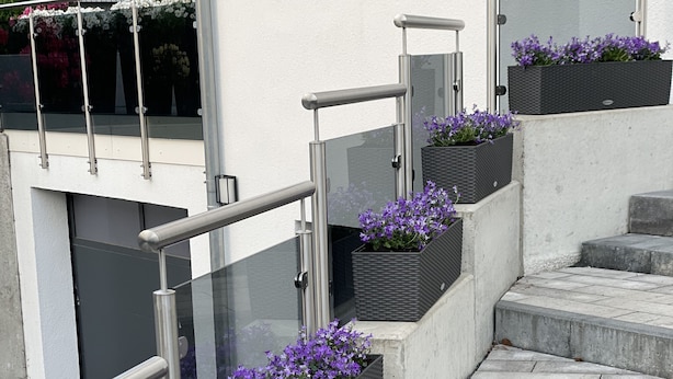 Een trap met metalen leuningen en plantenbakken met paarse bloemen.