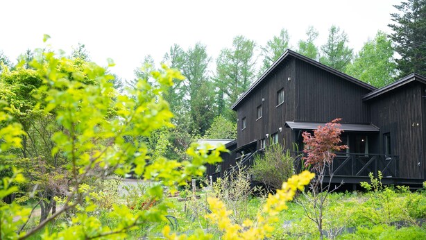 A rustic wooden building with a balcony, surrounded by lush greenery and trees. - FamC (Nakafurano)