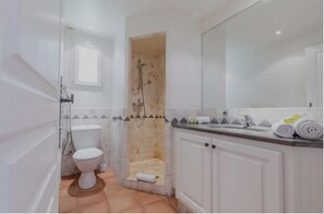 Combined shower/tub, hair dryer, towels, soap