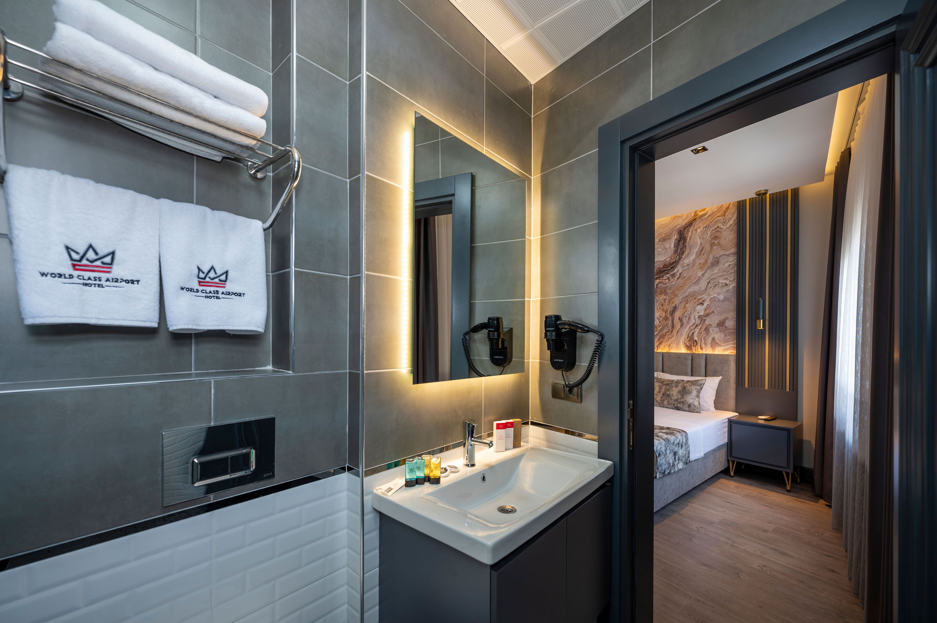 shower, hair dryer, bidet, heated floors