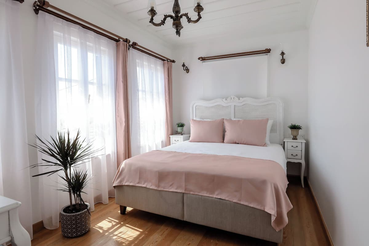 A bedroom with a bed, bedside tables, a potted plant, and a chandelier.