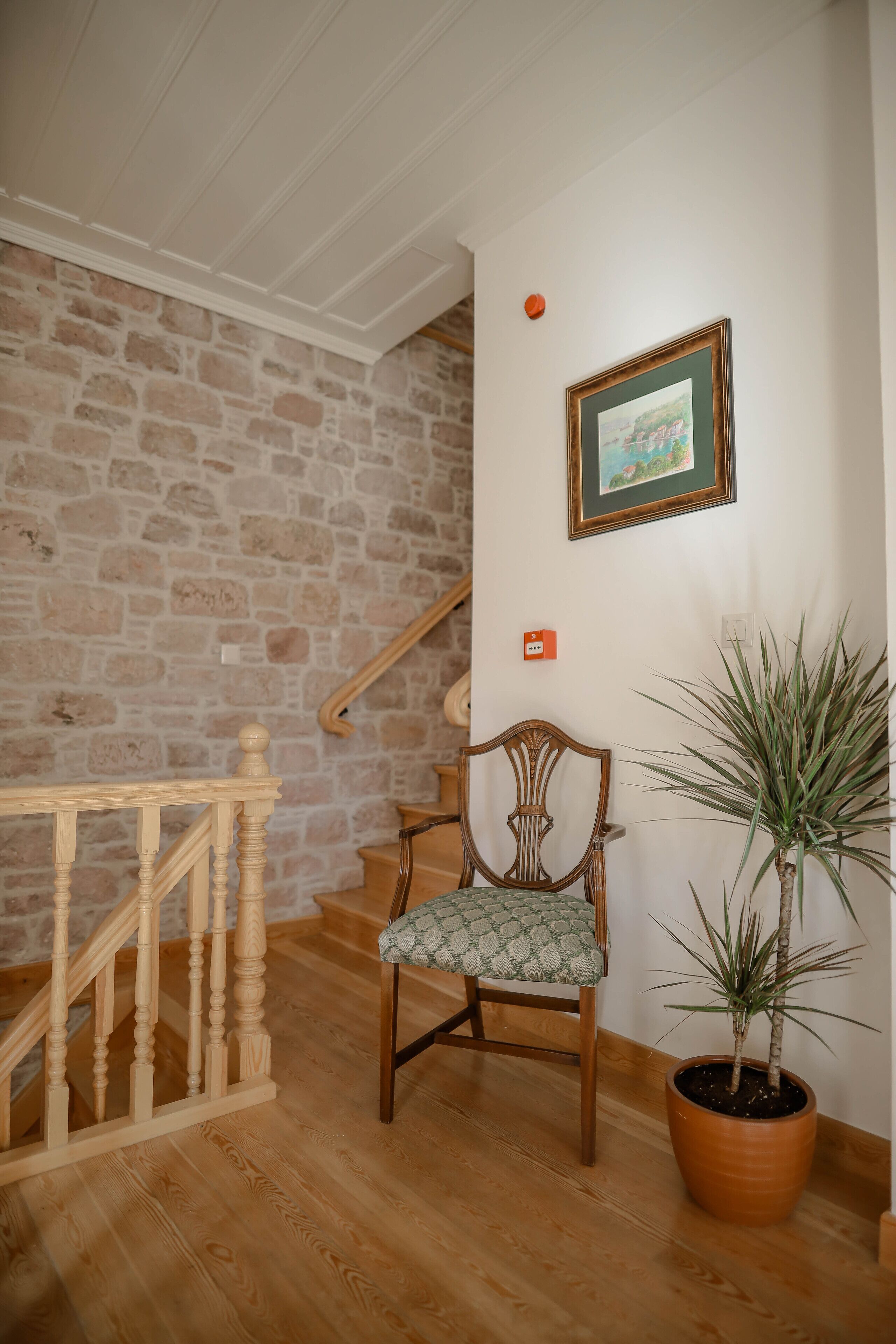 Una escalera con barandilla de madera, una silla con cojín estampado y una planta en maceta.