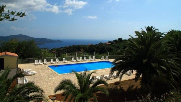 A swimming pool with lounge chairs, surrounded by palm trees and a view of the sea and hills. - Studio 'Mono Le Lecce 38B' with Pool and Balcony (Capoliveri)