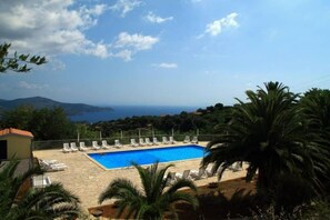 A swimming pool with lounge chairs, surrounded by palm trees and a view of the sea and hills. - Studio 'Mono Le Lecce 38B' with Pool and Balcony (Capoliveri)