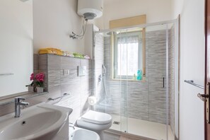 Shower, hair dryer, towels