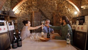 A rustic cellar with stone walls, wooden shelves with wine bottles, and a table with wine glasses and bottles. - Erica / Cornflower two-room apartment (Guardia)