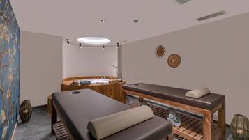 Un cuarto de spa con una camilla de masaje, un banco de madera y una bañera de madera.