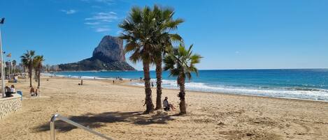 Nær stranden, solsenger og strandhåndklær