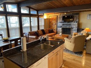 TV, fireplace, music library, video library