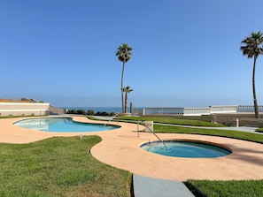 A pool area with two pools, palm trees, and a view of the ocean.