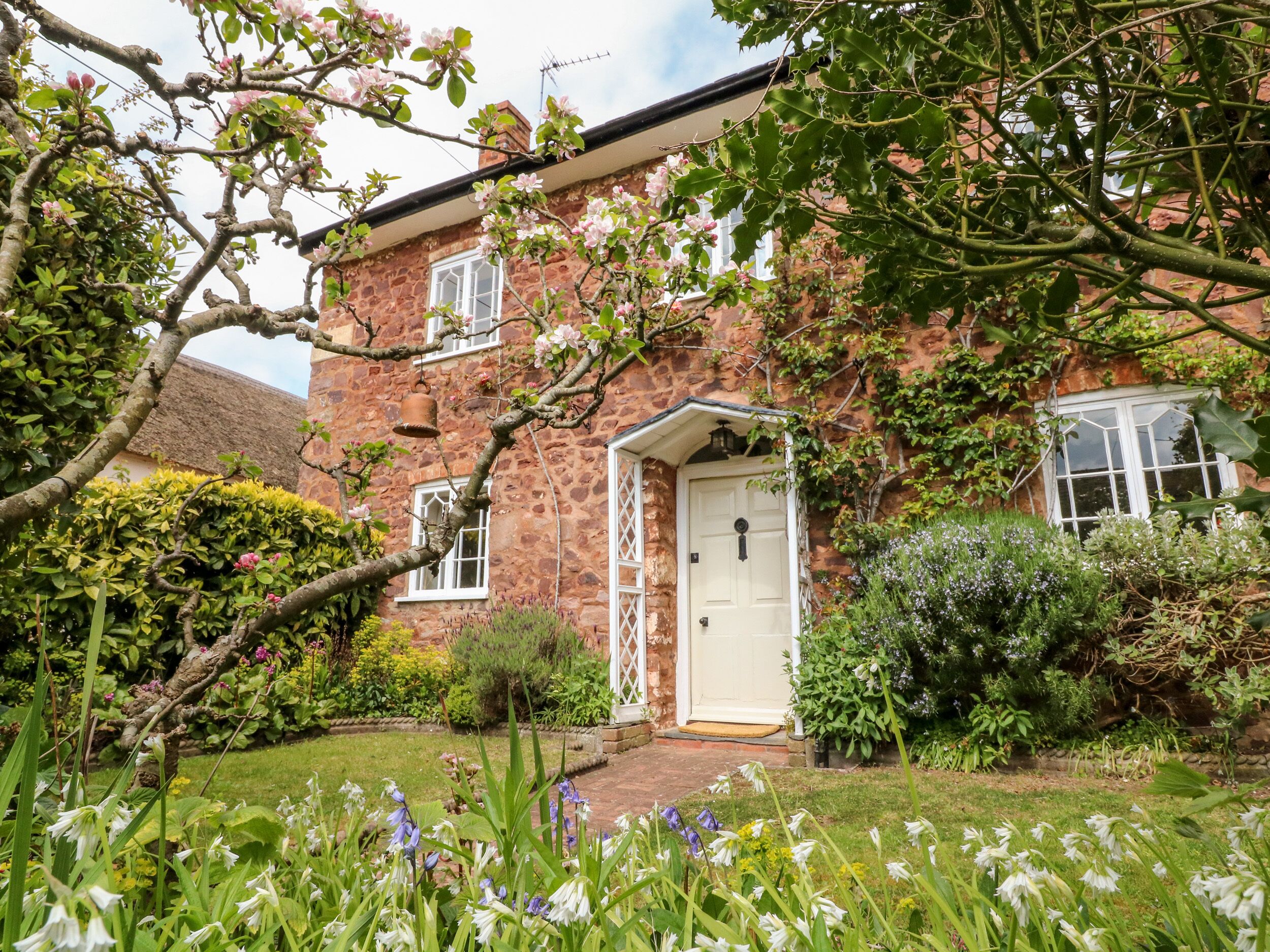 A stone house with a white door, surrounded by a garden with various flowers and shrubs.