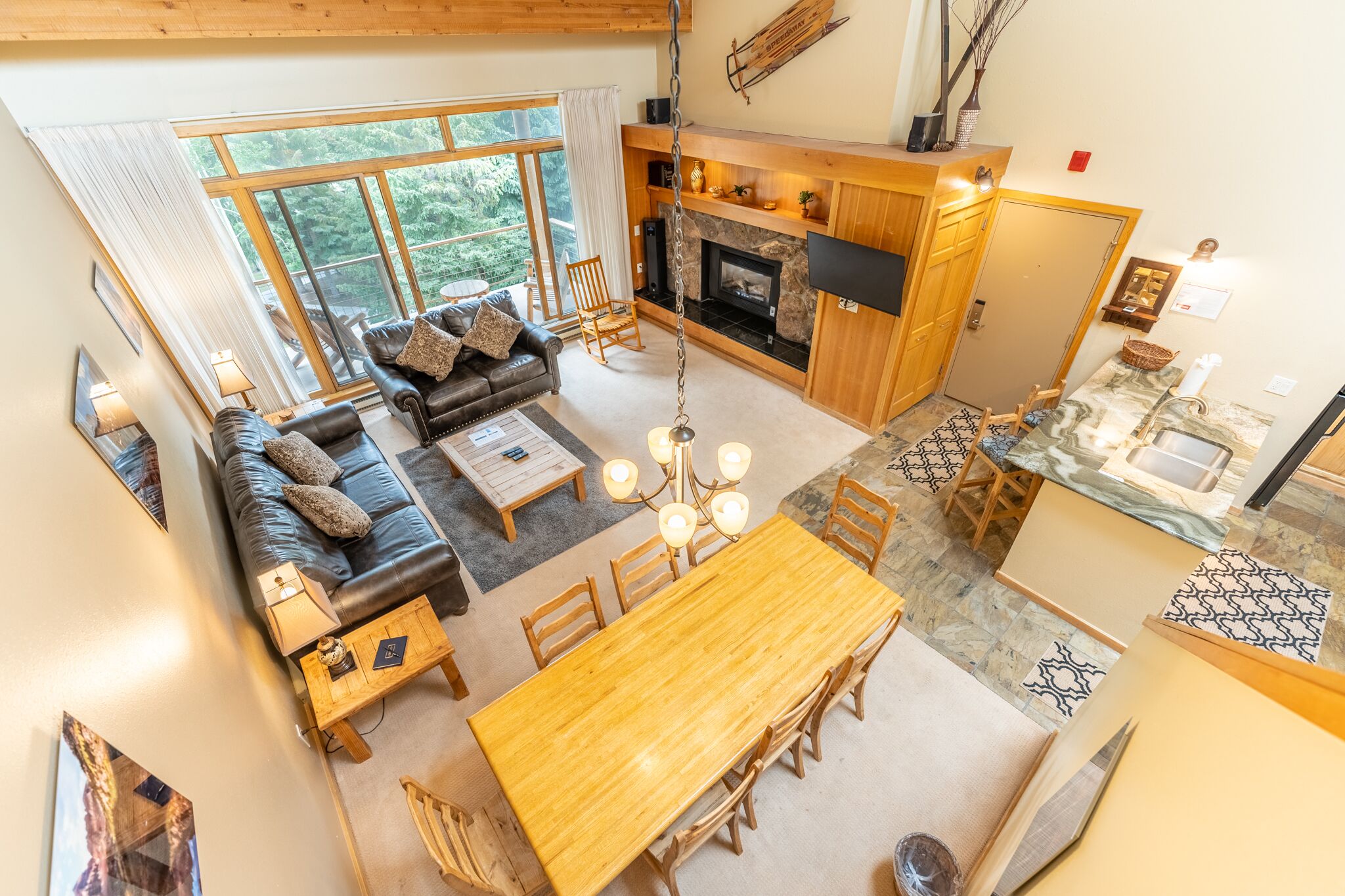 TV, fireplace, books, stereo