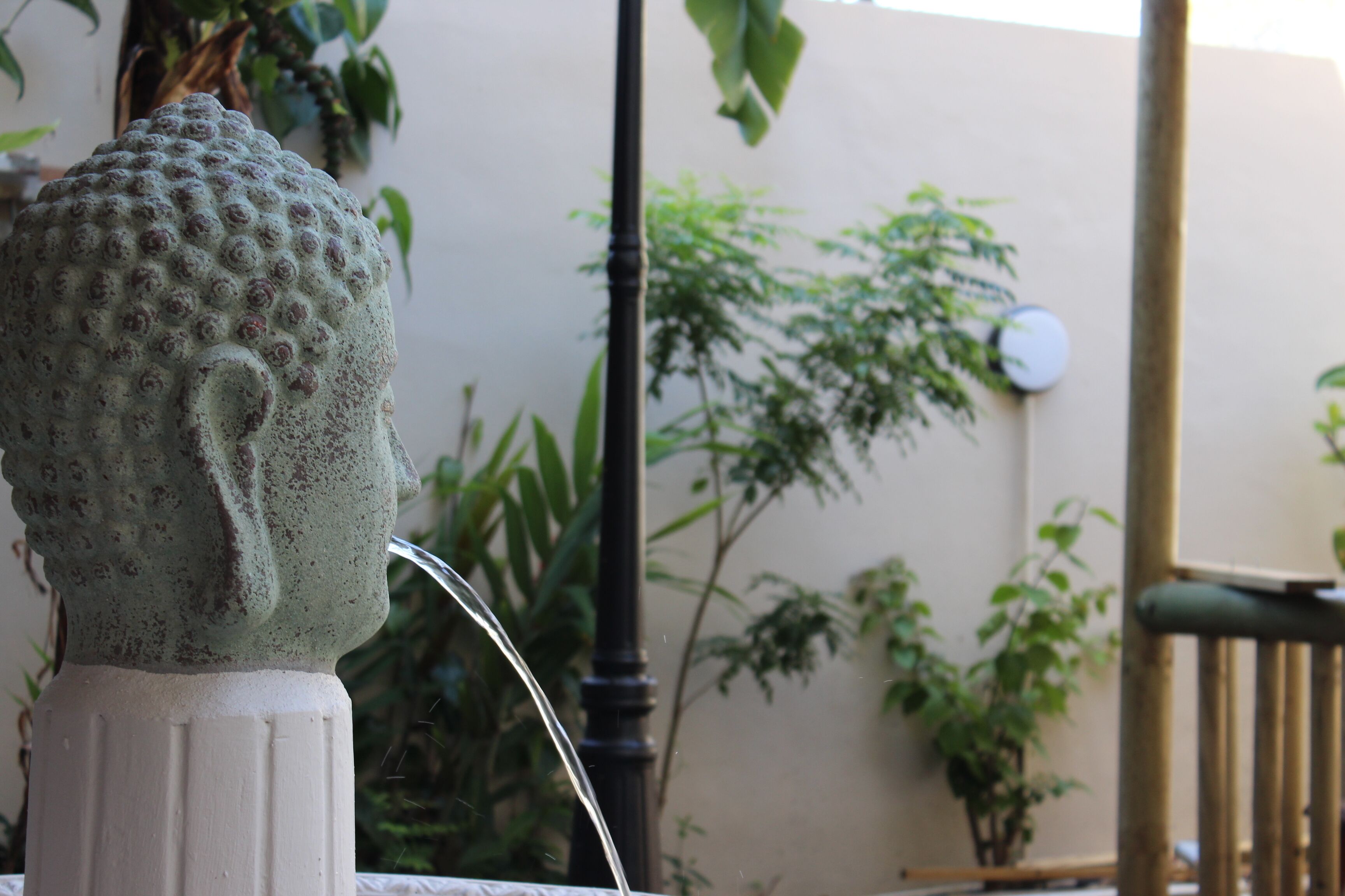 A statue with a textured surface and a curved base, set against a backdrop of greenery and a building wall.