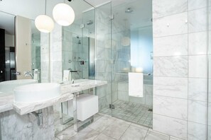 Combined shower/tub, jetted tub, hair dryer, towels