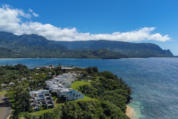 Un complejo turístico frente al mar con villas modernas, una playa y abundante vegetación.