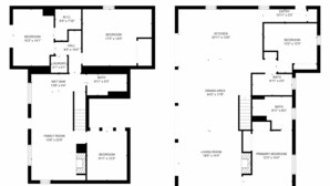 Two floor plans of a house with labeled rooms and dimensions. - Big Glen Lakefront with Hot Tub and Two Fireplaces! (Glen Arbor)