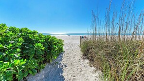 A sandy beach path with dense green foliage on one side and tall grasses on the other, leading to the ocean. - Coconuts101-BEACH FRONT COMPLEX-1BR ground level-ByIslandRealEstate (Holmes Beach)