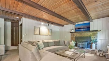 Smart TV, fireplace, books
