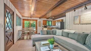 Smart TV, fireplace, books