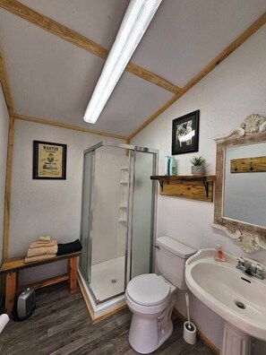 Douche, sèche-cheveux, serviettes fournies, shampoing