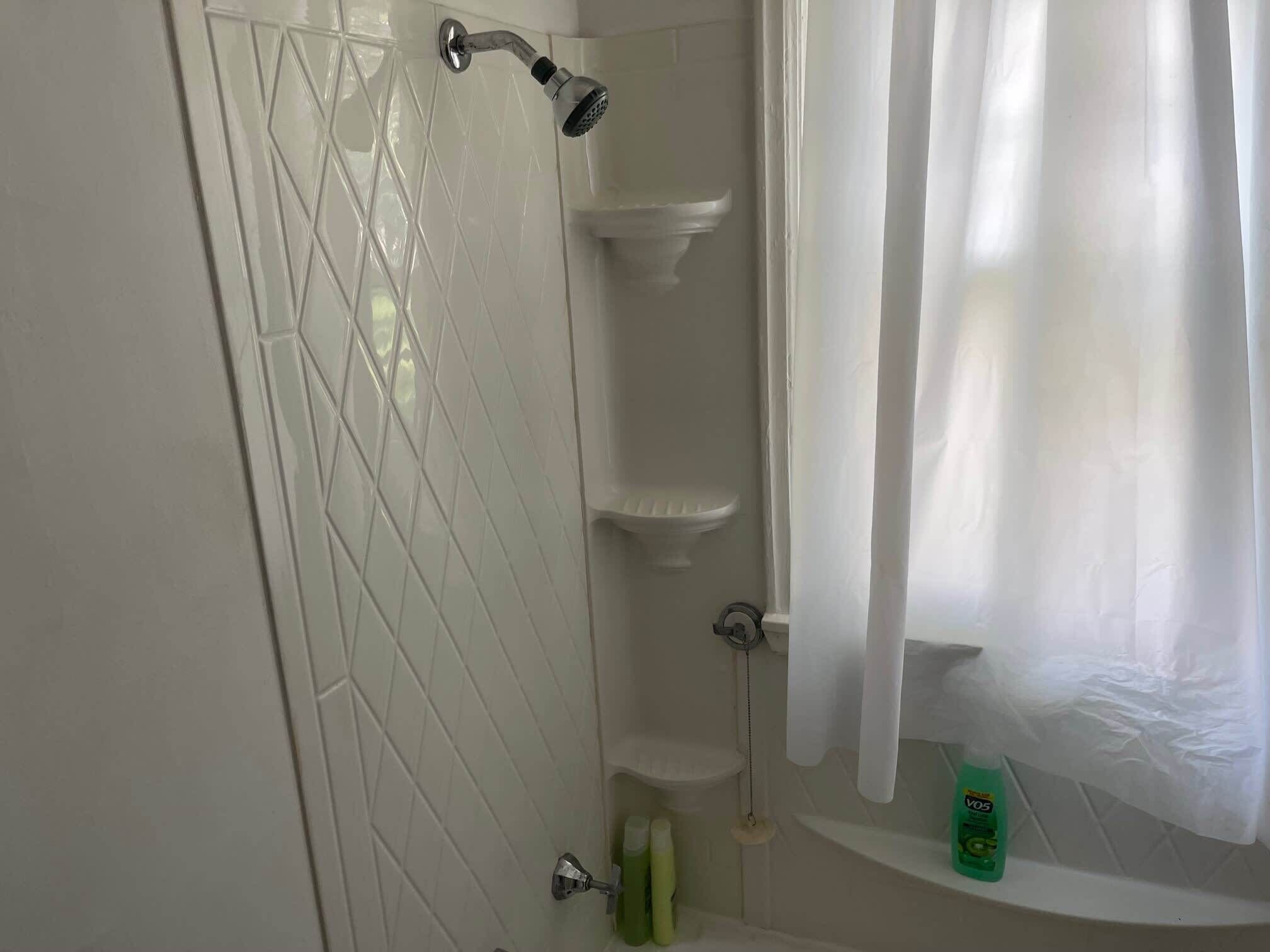 Bathtub, hair dryer, shampoo