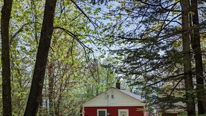 Una casetta rossa con un piccolo portico e una porta, immersa tra alberi e un sentiero erboso.