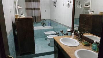 Bathtub, hair dryer, bidet, towels