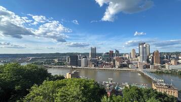 Une vue sur les toits d’une ville, avec des bâtiments modernes, une rivière et un pont.