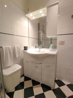 Een douche, een haardroger, een bidet, handdoeken