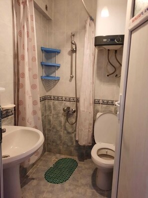 Bany petit amb dutxa, vàter i rentapins. Hi ha un estripat verd al sòl i una prestatgeria blava sobre la dutxa.